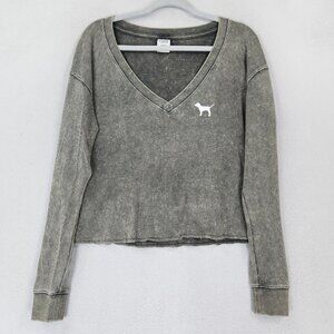 Victorias Secret PINK Sweater Womens Medium Green V Neck Dog Logo Waffle Knit